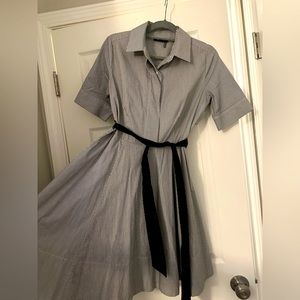 DKNY size 6 black and white striped, collared dress with cuff sleeve and tie